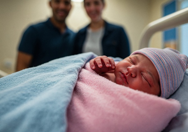 bebelus in patura roz pe un pat de spital la care se uita parintii