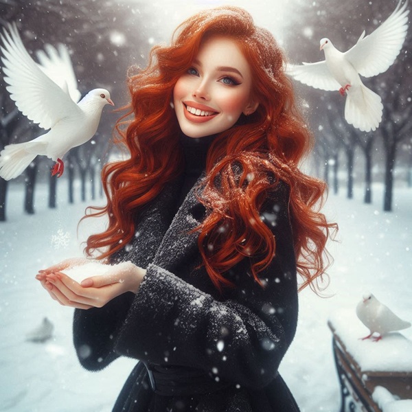 femeie roscata cu haina neagra sta in zapada si tine un bulgare in mana