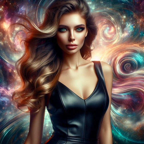 femeie satena in rochie de piele neagra cu decolteu