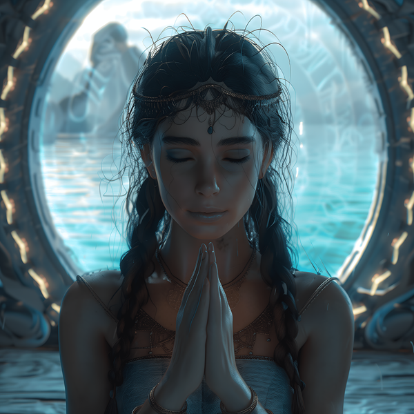 femeie bruneta cu parul prins in cozi se roaga