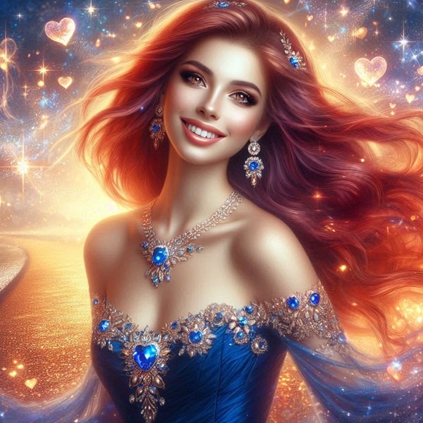 femeie cu parul rosu in rochie albastra