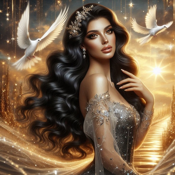 femeie cu parul negru lung ondulat langa porumbei albi