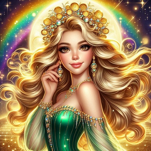 fata cu parul lung si blond cu bani de aur in par si rochie verde