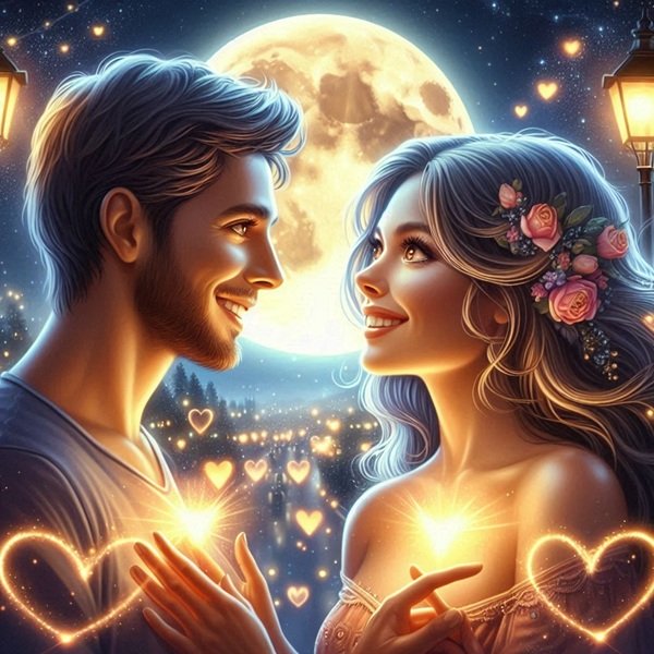 barbat si femeie sub clar de luna plina se uita unul in ochii celullalt