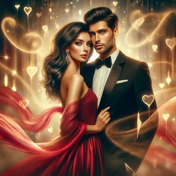 barbat in costum negru si femeie in rochie eleganta rosie