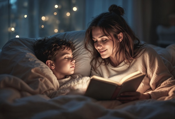 mama citeste copilului poveste seara