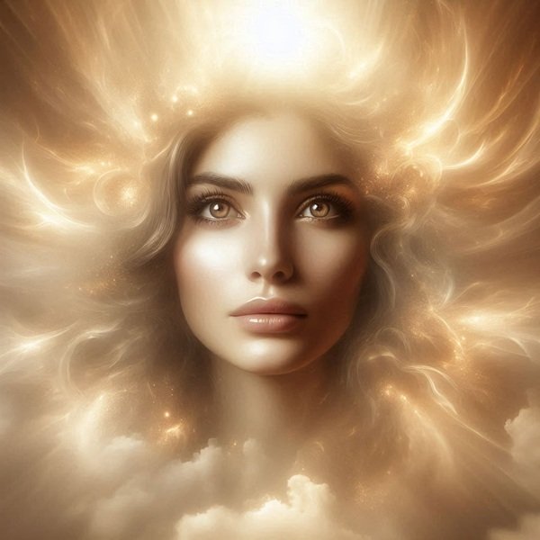 chip de femeie inconjurat de nori aurii