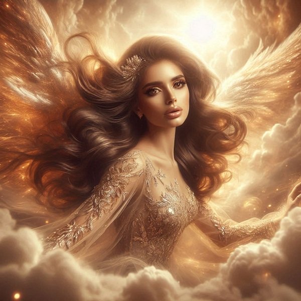 femeie cu par saten inconjurata de nori aurii