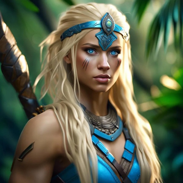 amazoana cu parul lung blond imbracata in albastru in padure