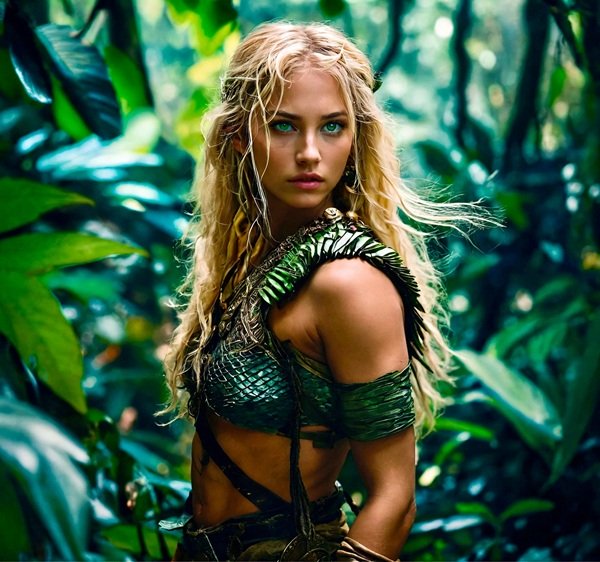 femeie cu parul lung blond imbracata in verde in padure