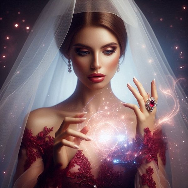 femeie in rochie rosie cu un voal de mireasa pe cap