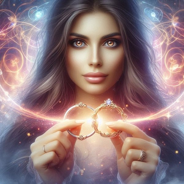 femeie satena cu parul lung tine in mana doua inele legate