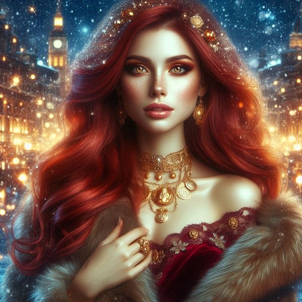 femeie cu parul rosu si rochie rosie cu un colier de aur la gat