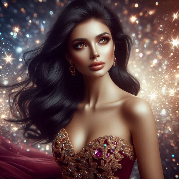 femeie bruneta cu rochie rosu cu auriu 