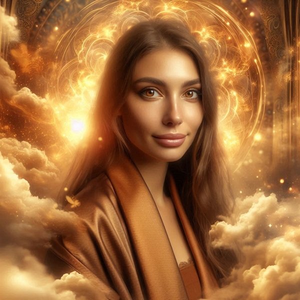 femeie satena cu ochii caprui mari inconjurata de o aura aurie