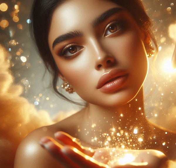 femeie cu parul prins tine in mana sclipici