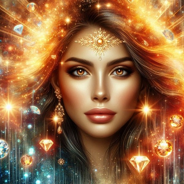 femeie cu parul saten lasat liber inconjurata de lumini