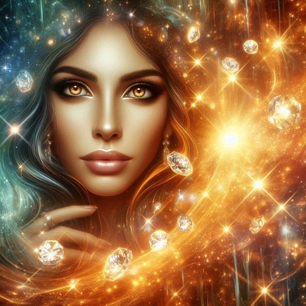 chip de femeie inconjurat de lumina si de diamante