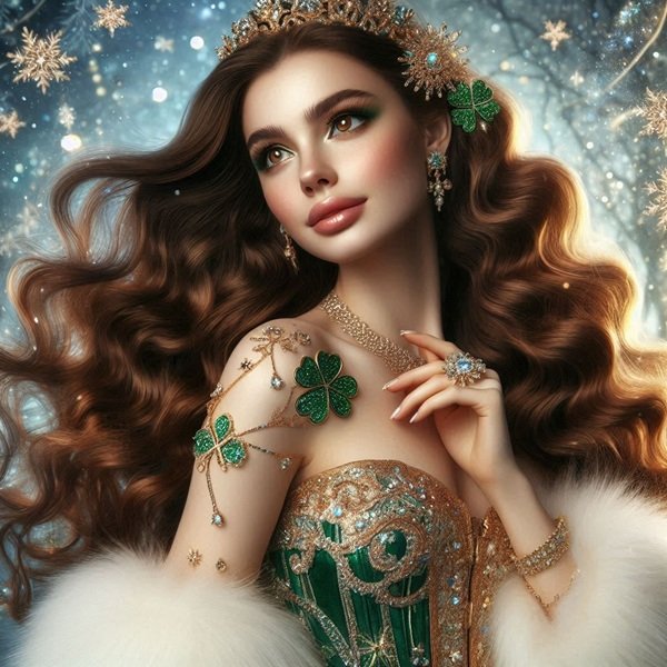 femeie satena cu parul lung cu bucle inconjurata de trifoi