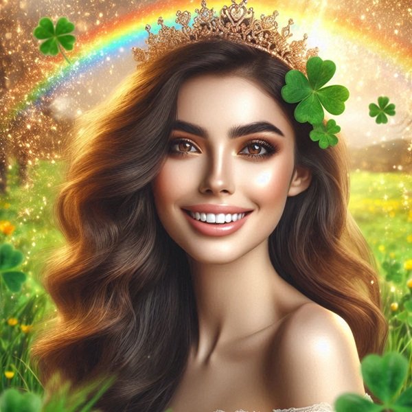 femeie cu parul lung saten pe un deal cu un curcubeu in spate si cu trifoi in par