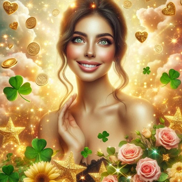 femeie satena inconjurata de flori nori aurii si trifoi