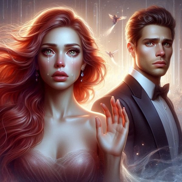 femeie roscata in rochie rosie spune adio unui barbat in costum