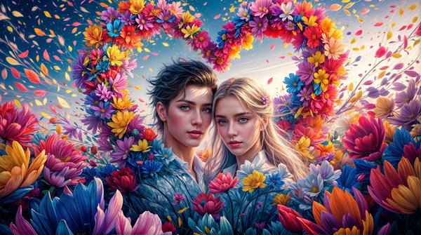 femeie si barbat inconjurati de o inimioara de flori de primavara