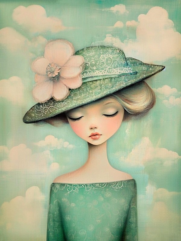 femeie cu parul blond prins cu palarie verde in rochie verde