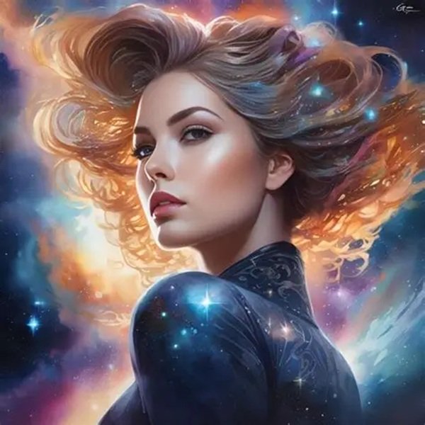 femeie cu parul scurt cret pe fundal fantasy