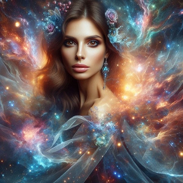 chip de femeie satena cu ochii caprui pe fundal univers