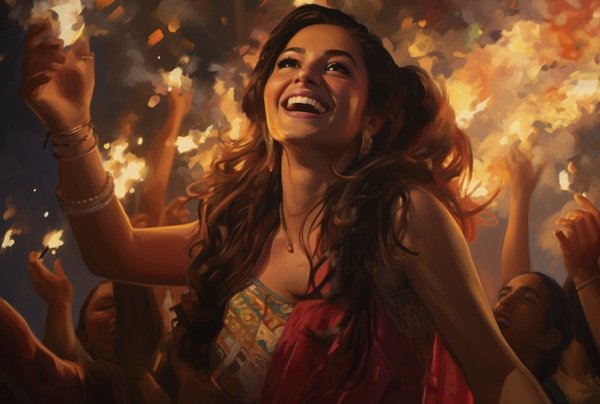 femeie satena cu o torta in mana bucuroasa