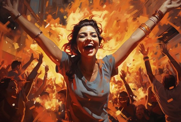 fejmeie in tricou gri fericita pe fundal artificii