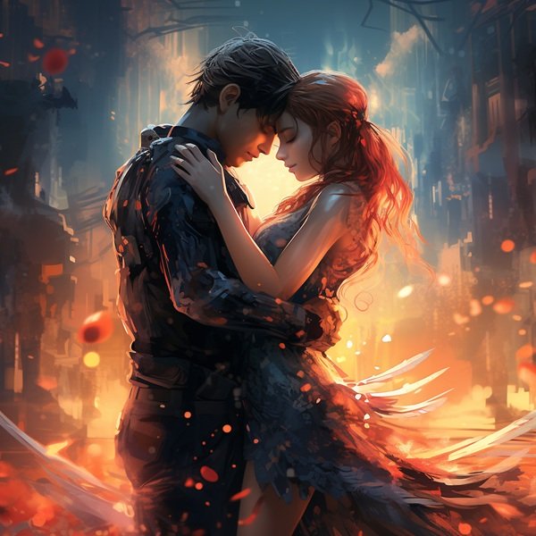femeie si barbat stau imbratisati pe fundal de foc