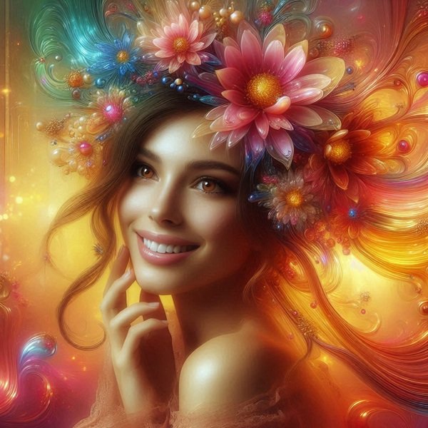 femeie satena cu flori in par pe fundalul unei lumini calde