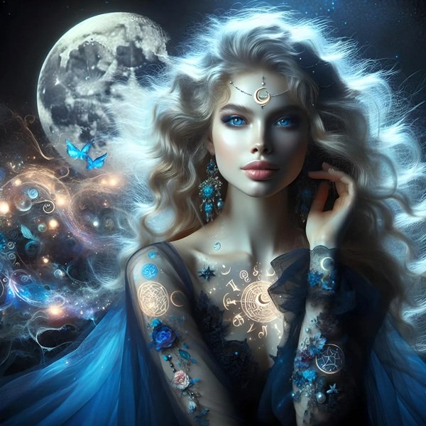 femeie blonda imbracata in albastru pe fundal de luna plina