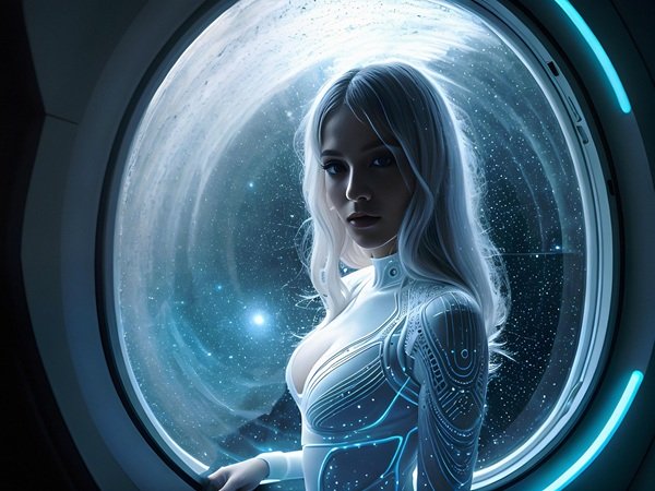 femeie imbracata in alb langa un portal