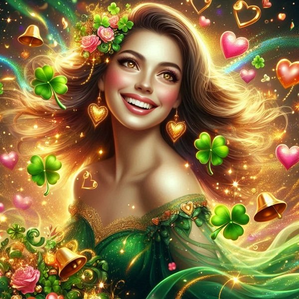 femeie satena in rochie verde inconjurata de flori si de trifoi