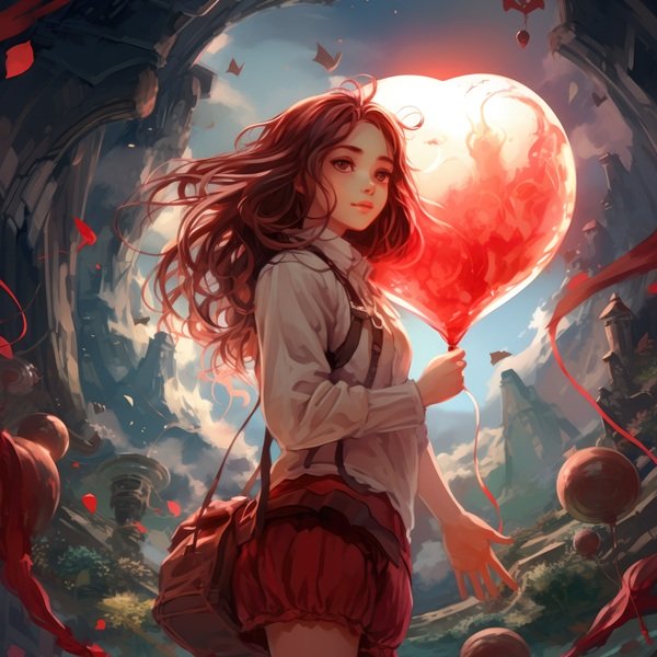 femeie cu par roscat tine un balon inima in mana