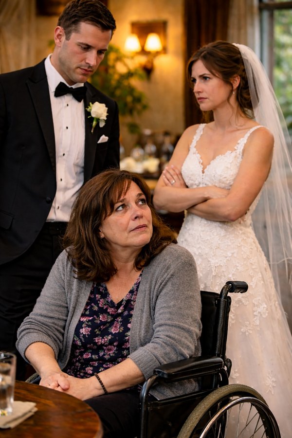 femeie in scaun cu rotile langa mire si mireasa