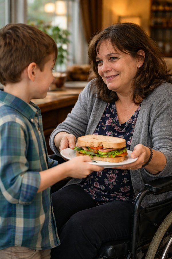 baiat ii aduce mamei lui in scaun cu rotile un sendvis