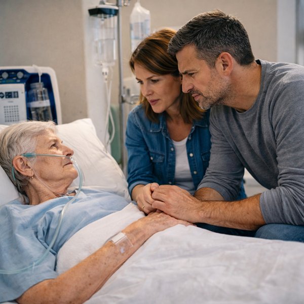 sot si sotie viziteaza o femeie in varsta bolnava la spital