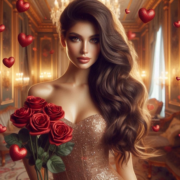 femeie satena cu parul lung in rochie aurie tine in mana trandafiri