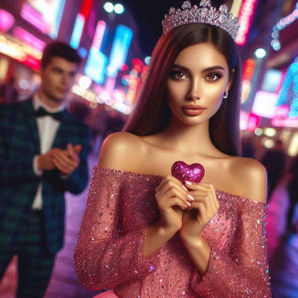 femeie in rochie roz tine in mana o inima roz