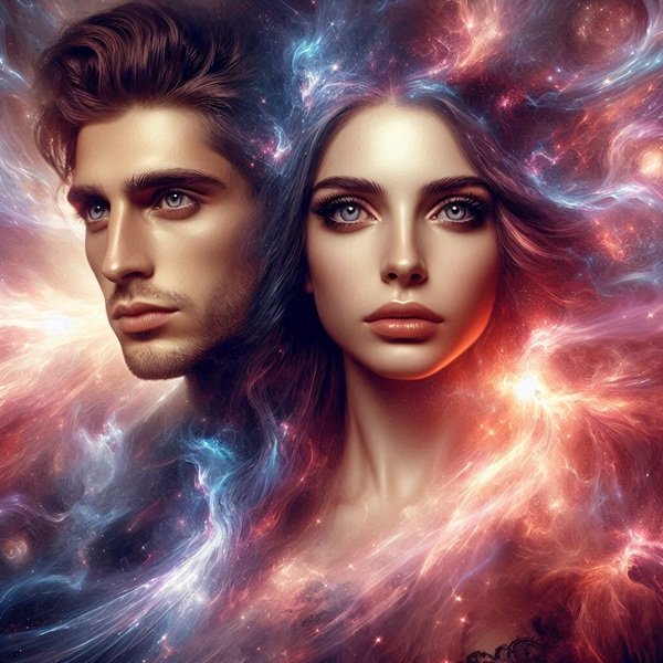 femeie si barbat in fundal fantasy sustinuti de lumini