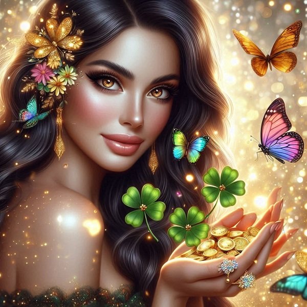 femeie bruneta inconjurata de trifoi si fluturi tine in mana bani de aur