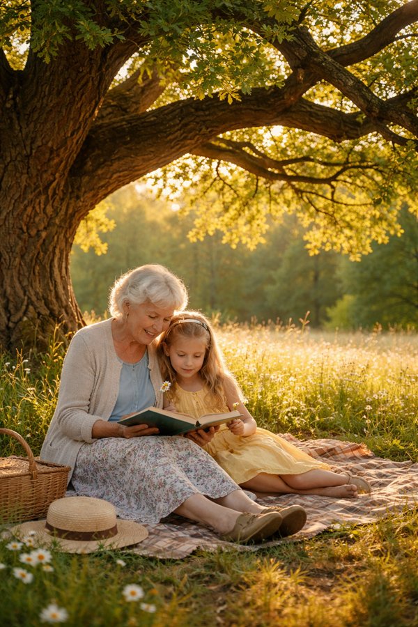 femeie in varsta sta cu nepoata ei sub stejar
