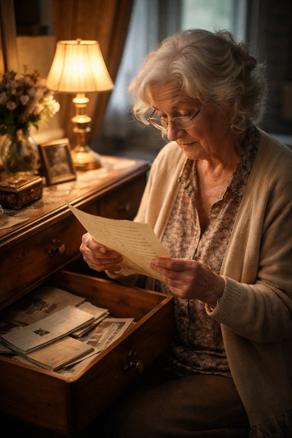 femeie in varsta se uita in sertar gaseste o scrisoare