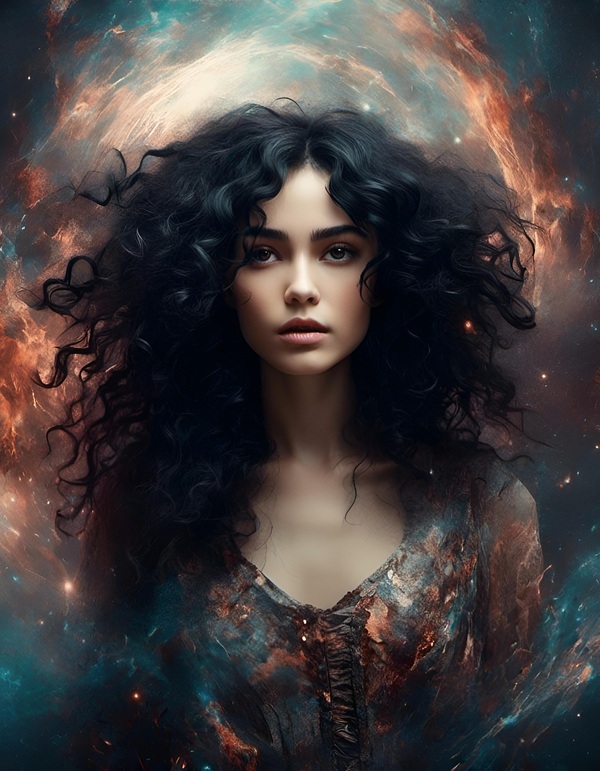 femeie cu parul lung cret si negru pe fundal fantasy univers