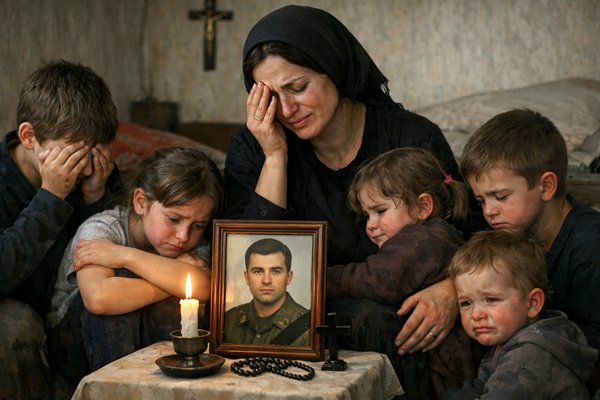o femeie cu sase copii plang langa poza unui barbat langa o lumanare