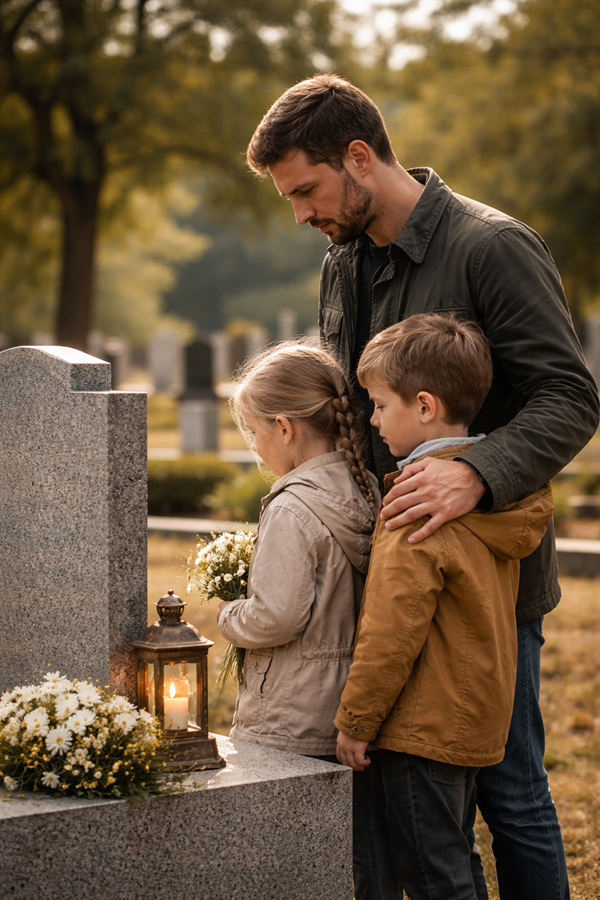 barbat cu doi copii viziteaza un mormant